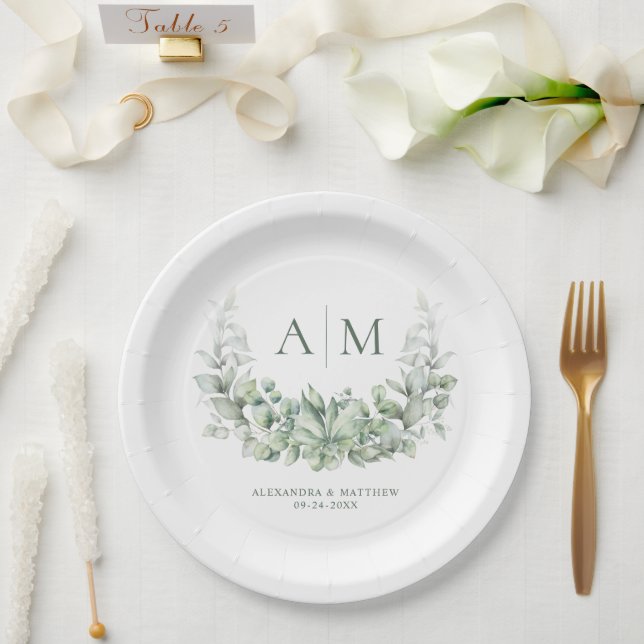 Monogram Elegant Eukalyptus Greenerity Wedding Pappteller (Hochzeit)