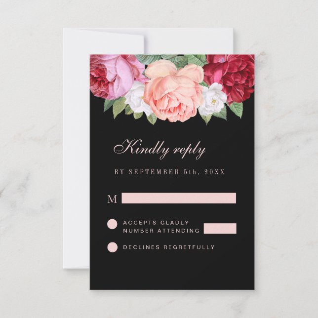 Monogram Elegant Floral Rose Pink Black Wedding RSVP Karte (Vorderseite)