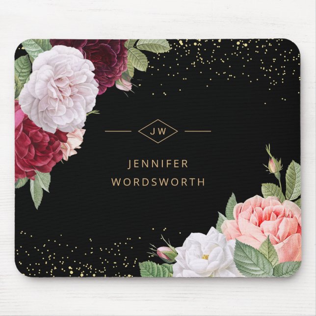 Monogram Elegant Floral Rose Pink Burgundy Black Mousepad (Vorne)