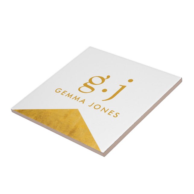 Monogram Elegant Gold Imitate Foil White Fliese (Seite)