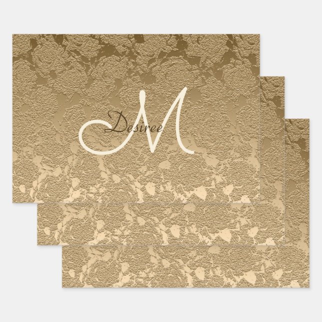 Monogram Elegant Gold Modern Floral Girly Geschenkpapier Set (Set)