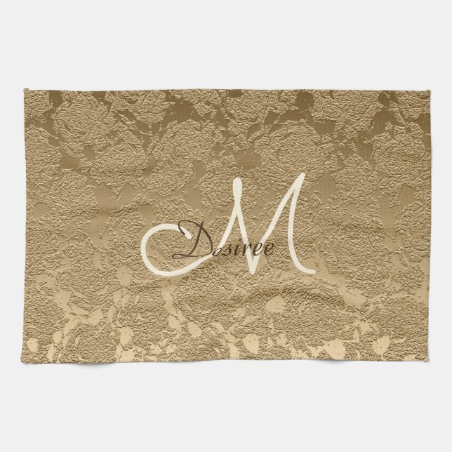 Monogram Elegant Gold Modern Girly Floral Geschirrtuch (Horizontal)