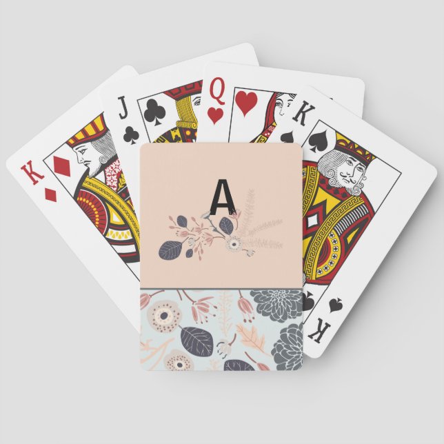 Monogram Elegant Gray Blue Peach Floral Muster Spielkarten (Rückseite)