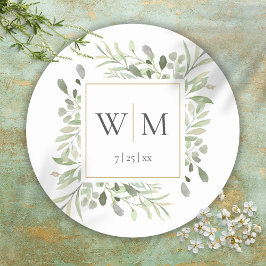 Monogram Elegant Greenerity Gold Wedding Runder Aufkleber