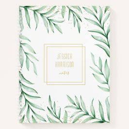 Monogram Elegant Greenerity Watercolor Blätter Grü Notizbuch