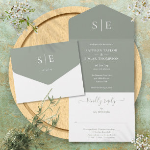 Monogram Elegant Hellgrün Minimalistische Hochzeit All In One Einladung