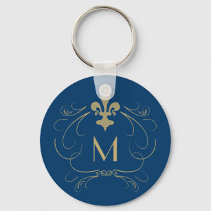 Monogram Elegant Lilie Blue Gold Schlüsselanhänger