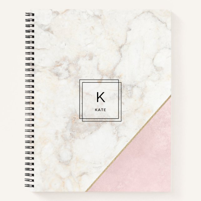 Monogram Elegant Marmor Minimalistische Rose Gold Notizbuch (Vorderseite)