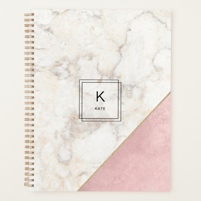 Monogram Elegant Marmor Minimalistische Rose Gold  Planer (Vorderseite)