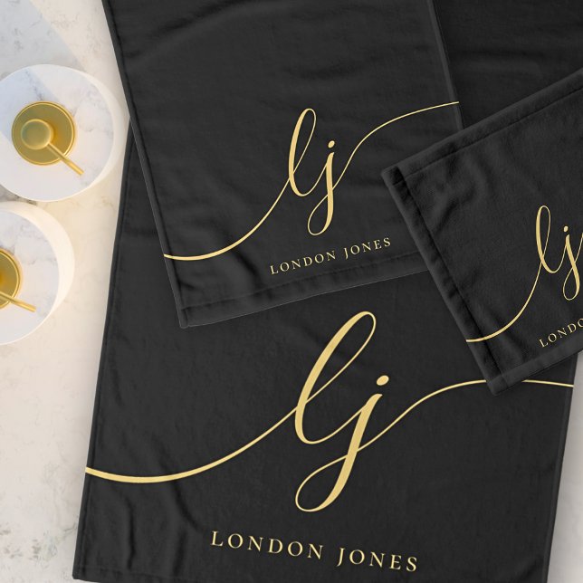 Monogram Elegant Minimal Black Gold Chic Stilvoll Badhandtuch Set (Von Creator hochgeladen)