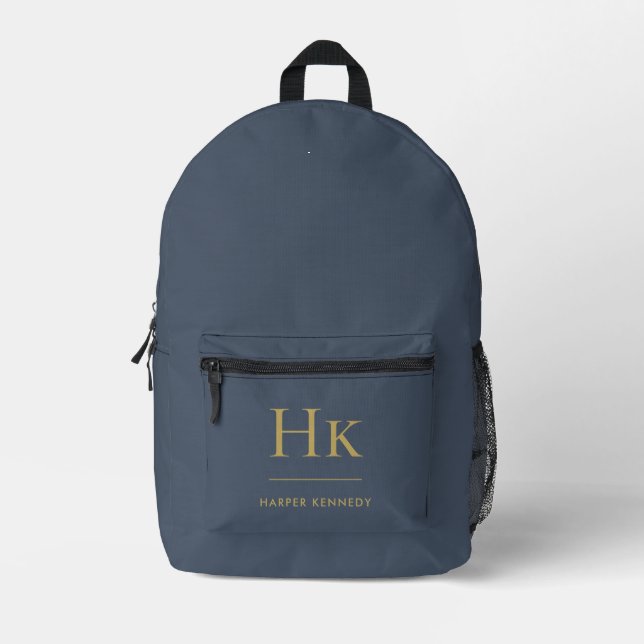 Monogram Elegant Minimal Navy Gold Mit Monogramm Bedruckter Rucksack (Vorderseite)