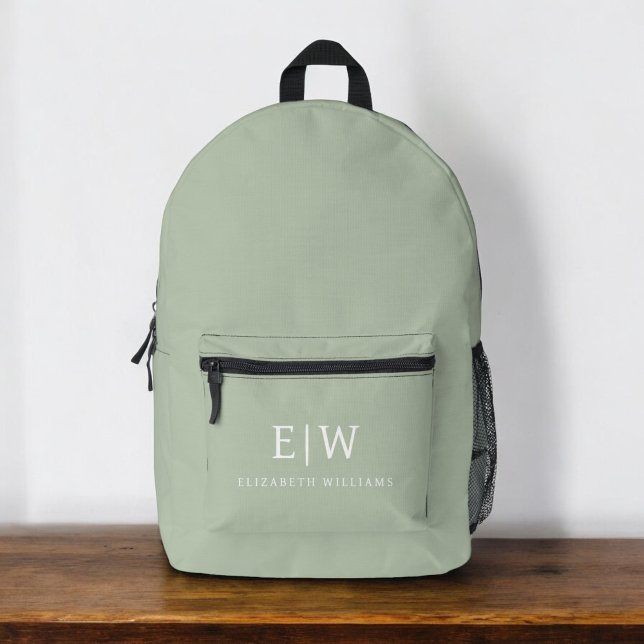 Monogram Elegant Minimal Sage Green Bedruckter Rucksack (Von Creator hochgeladen)