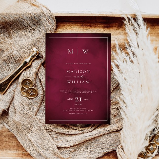 Monogram Elegant Modern Burgundy Wedding Einladung (Von Creator hochgeladen)