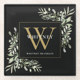 Monogram Elegant Moderne Grüne Schwarze Gold Glasuntersetzer