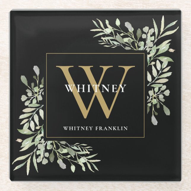 Monogram Elegant Moderne Grüne Schwarze Gold Glasuntersetzer (Vorderseite)