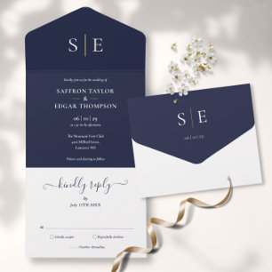 Monogram Elegant Navy Blau Und Gold Hochzeit All In One Einladung