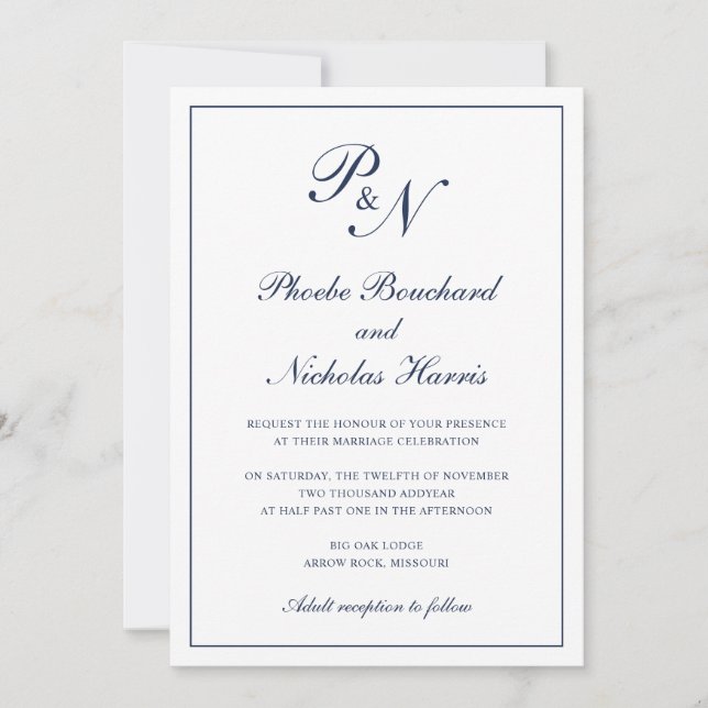 Monogram Elegant Navy Blue All in one Wedding Einladung (Vorderseite)