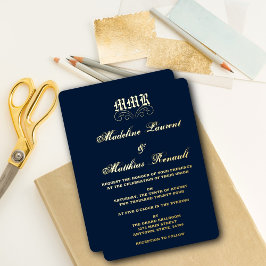 Monogram Elegant Navy Blue and Gold Wedding Folieneinladung