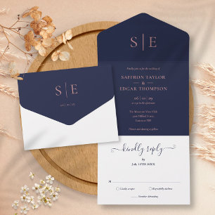 Monogram Elegant Navy Blue and Rose Gold Wedding All In One Einladung
