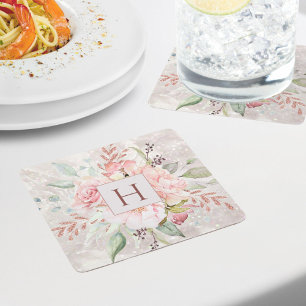 Monogram Elegant Pink Rose Pfingstrose Florales Ma Rechteckiger Pappuntersetzer