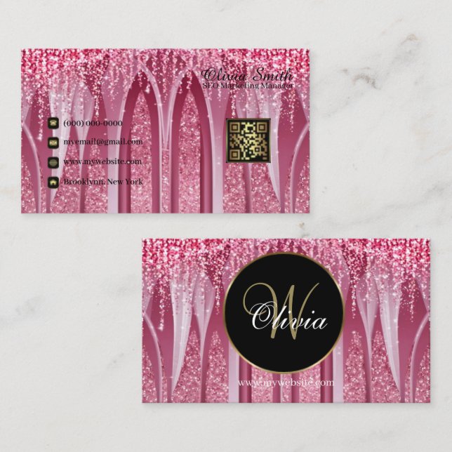Monogram Elegant Pink Sparkle QR Code Visitenkarte (Vorne/Hinten)