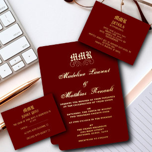 Monogram Elegant Red & Gold Details QR Code Begleitkarte