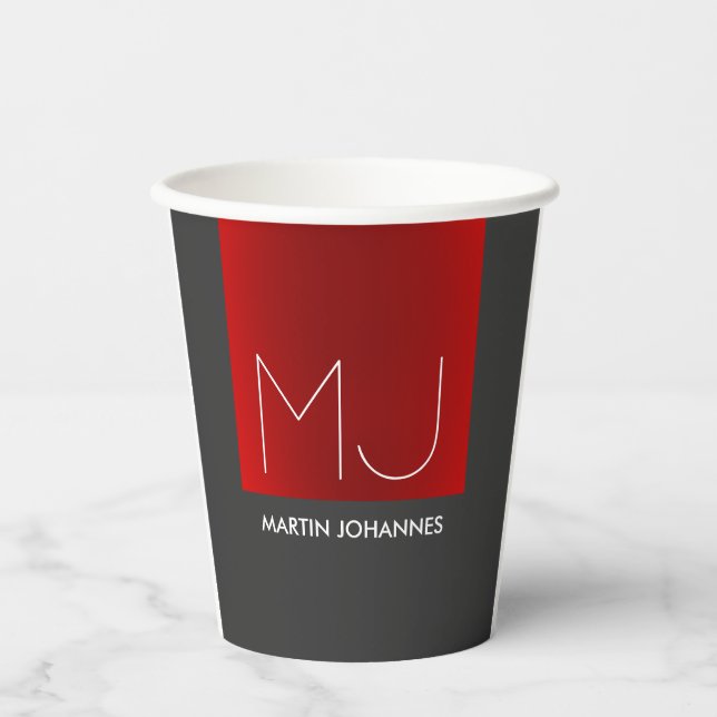 Monogram Elegant Red Gray Add Name Initials Pappbecher (Vorderseite)