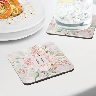 Monogram Elegant Rosa Pfingstrose Floral Marmor Getränkeuntersetzer