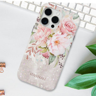 Monogram Elegant Rosa Rose Peony Floral Marmor Case-Mate iPhone Hülle