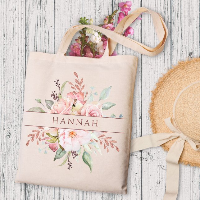 Monogram Elegant Rosa Rose Peony Floral Tragetasche (In situ)