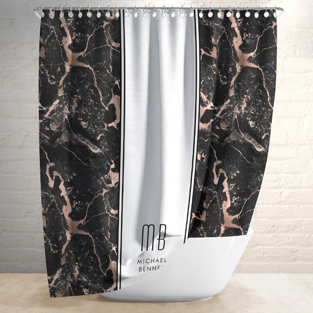 Monogram Elegant Rose Gold Black Marble Duschvorhang (Von Creator hochgeladen)