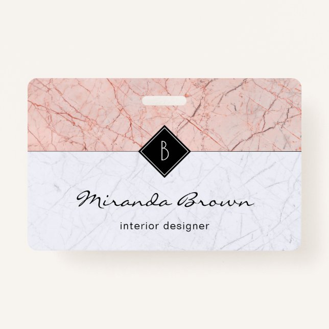 Monogram Elegant Rose Gold Gray Marble Abzeichen Ausweis (Vorderseite)