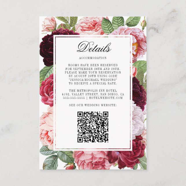 Monogram Elegant Rose Hochzeitdetails QR-Code Begleitkarte (Vorderseite)