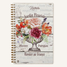 Monogram elegant rustic wood floral French artwork Notizbuch