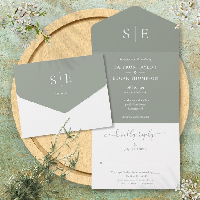 Monogram Elegant Sage Green Minimalistisch Wedding All In One Einladung (Monogram Elegant Sage Green Minimalist Wedding All In One Invitation)