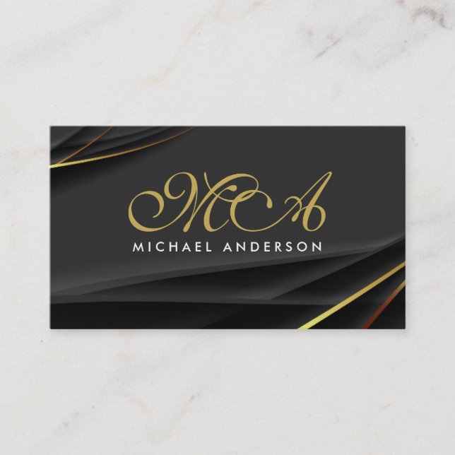 Monogram Elegant Script Black Gold Hintergrund Visitenkarte (Vorderseite)