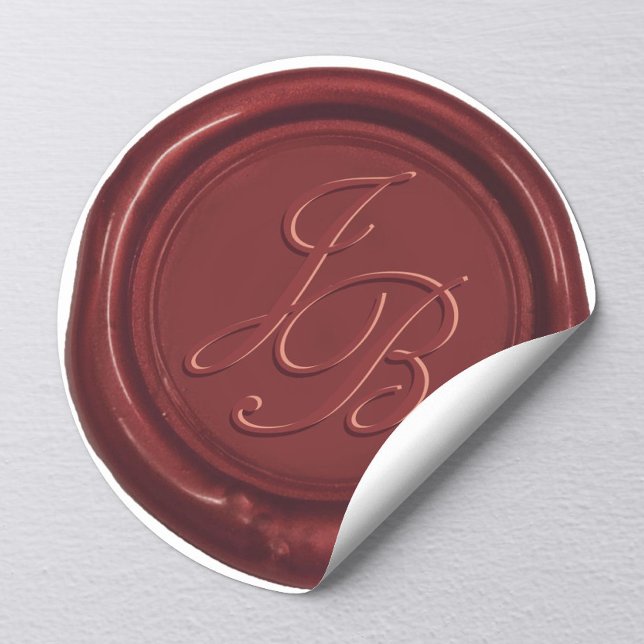 Monogram Elegant Script Burgundy Red Wax Wedding Runder Aufkleber (Von Creator hochgeladen)