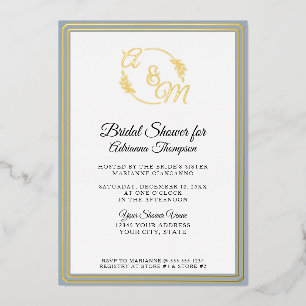 Monogram Elegant Simple Blue n Gold Brautparty Folieneinladung