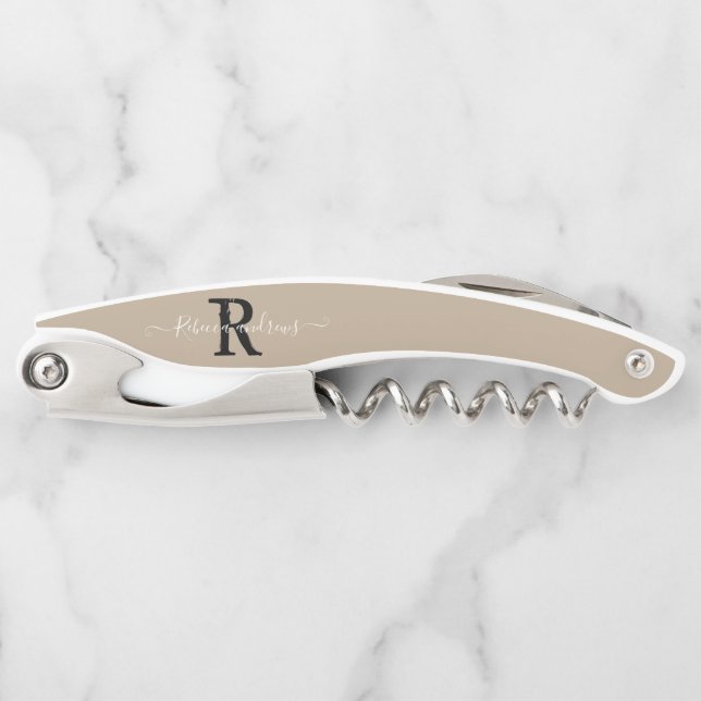 Monogram Elegant Taupe Script Initial Name Custom Kellnermesser (Vorderseite)