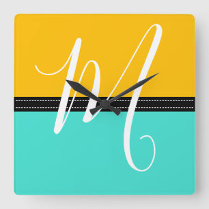 Monogram Elegant Turquoise & Amber Solid Color Quadratische Wanduhr