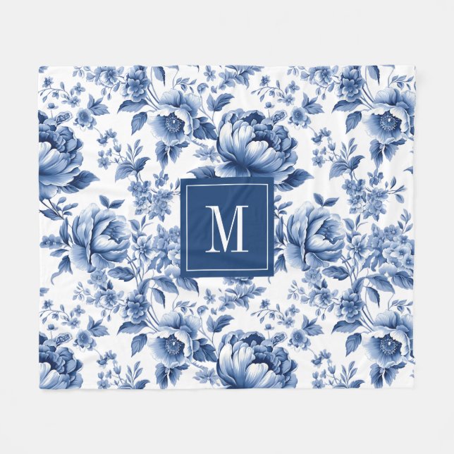 Monogram Elegant Vintag Blue Floral Muster Fleecedecke (Vorderseite (Horizontal))
