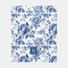Monogram Elegant Vintage Blue Floral Pattern Fleecedecke