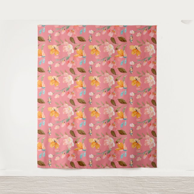 Monogram Elegant Watercolor Pink Tapestry Wandteppich (Vorderseite)