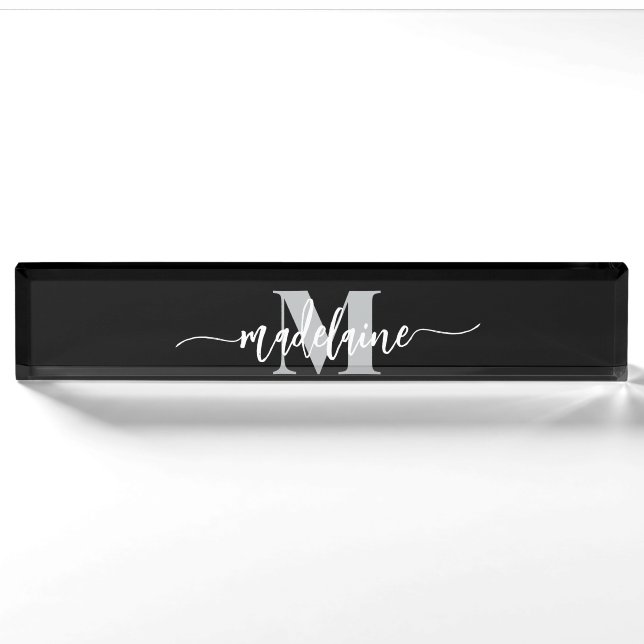 Monogram Elegant White Black Personal Namensplakette (Vorderseite)