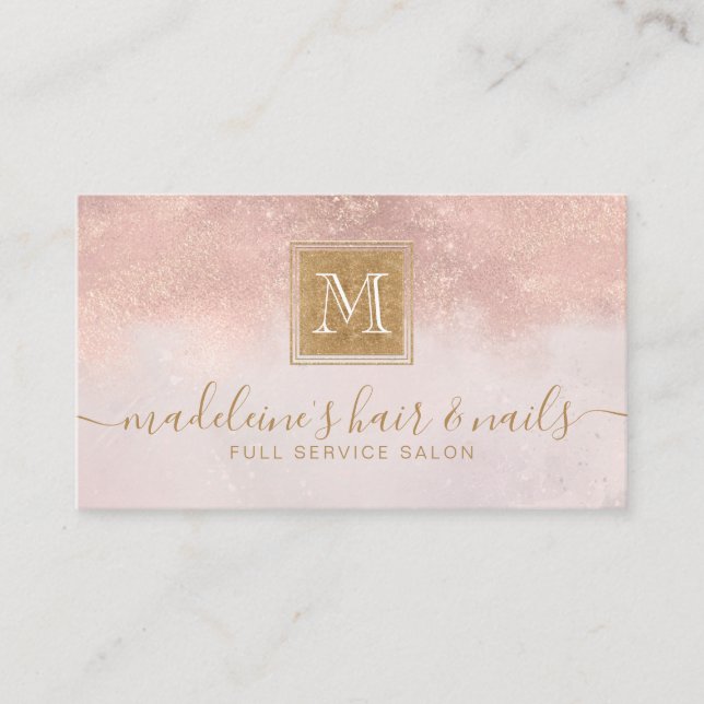 Monogram Elegante Blush Rose Gold Glitzer Salon Visitenkarte (Vorderseite)