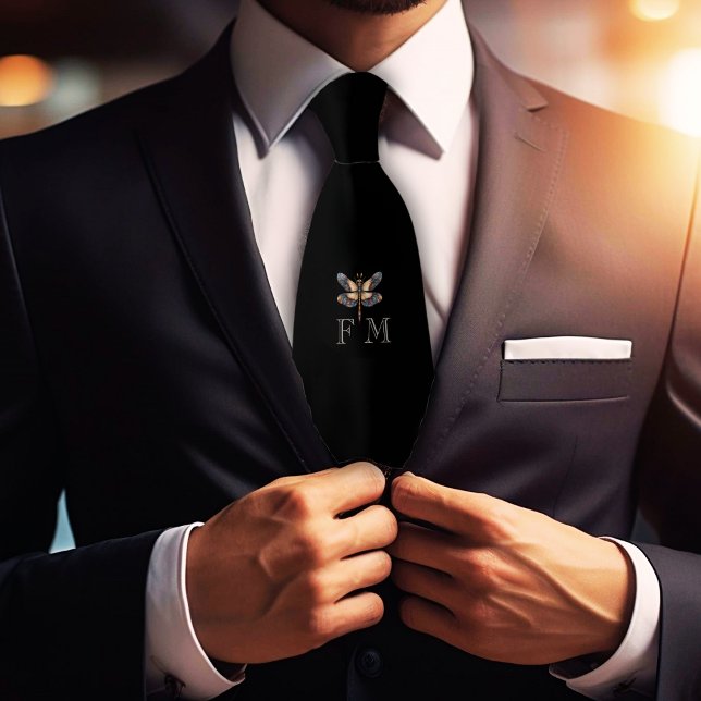 Monogram Elegante Dragonfly On Black Neck Tie Krawatte (Von Creator hochgeladen)