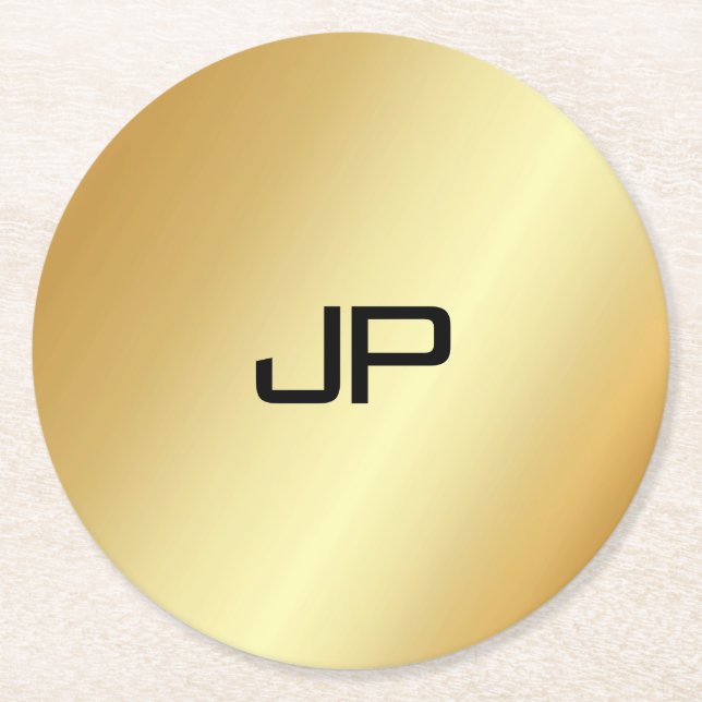 Monogram Elegante Modern Gold Look Template Runder Pappuntersetzer (Vorderseite)