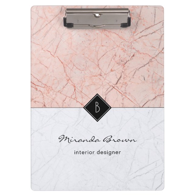 Monogram Elegante Rose Gold Gray Marble Clipboard Klemmbrett (Vorderseite)