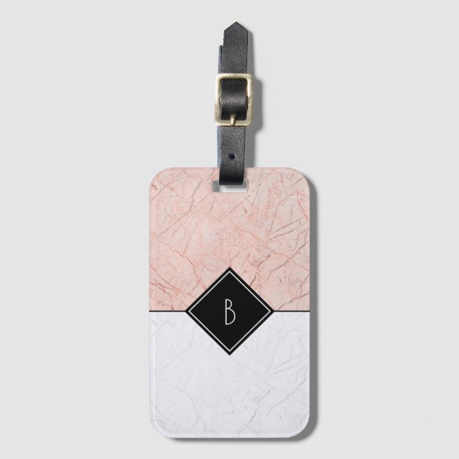 Monogram Elegante Rose Gold Gray Marble Gepäckmark Gepäckanhänger (Vorderseite Vertikal)