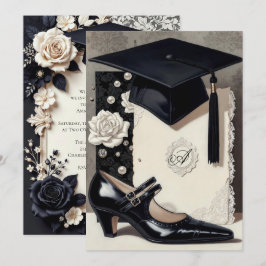 Monogram Elegante Schwarz-Weiße Abschluss-Einladun Einladung